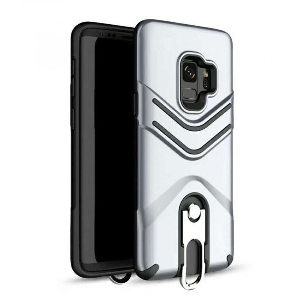 Wholesale Galaxy S9+ (Plus) Metal Hook Carry Stand Hybrid Case (Silver)
